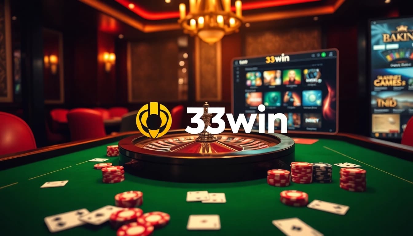 Experience excitement at the table with 33win as chips stack up and cards are dealt in a luxurious casino atmosphere.