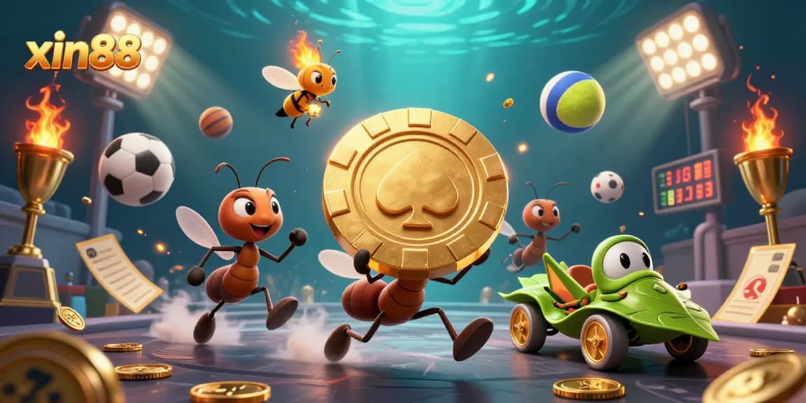 Experience exciting gameplay at xin88 with a dynamic scene featuring a heist of golden poker chips and vibrant sports elements.