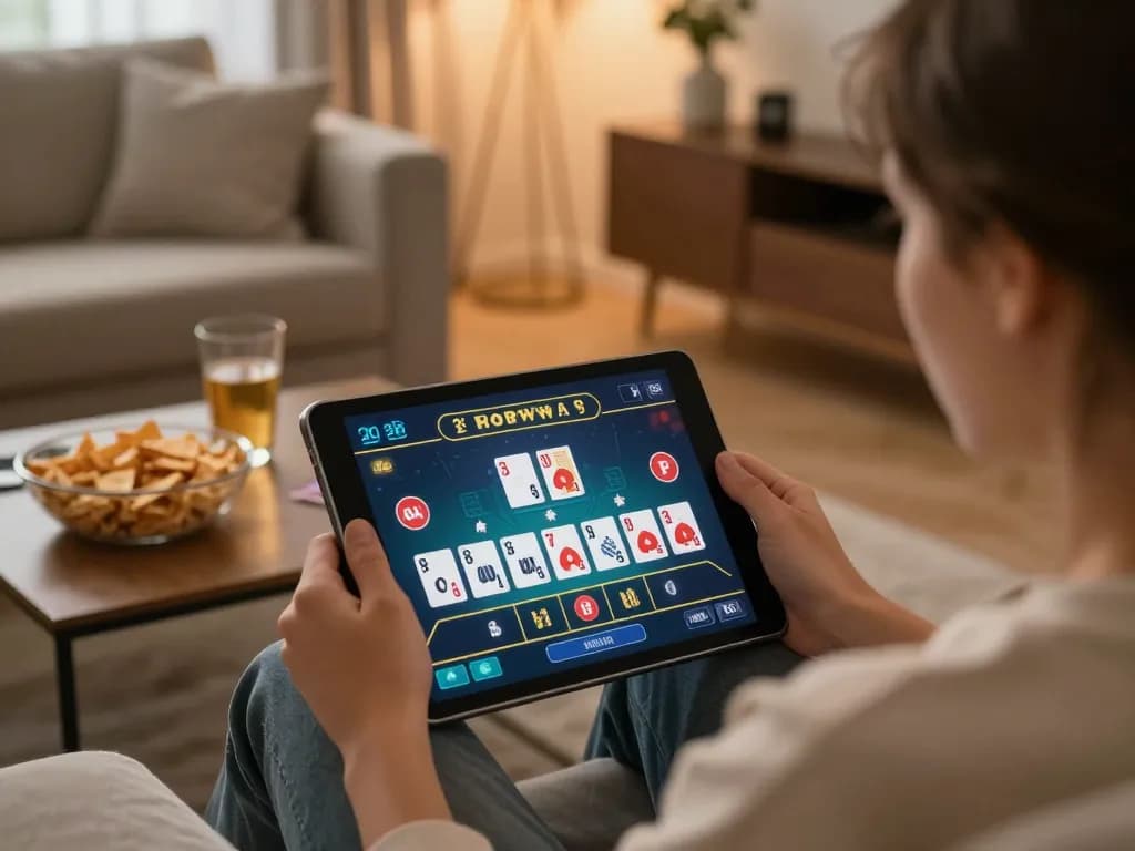 Play online baccarat at alc88 with a player enjoying a cozy gaming atmosphere at home.