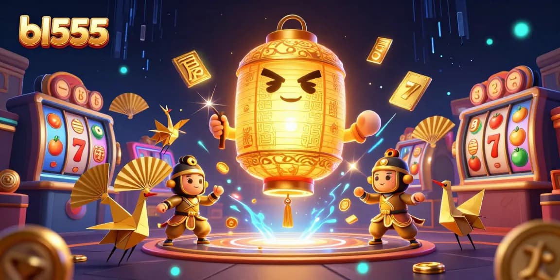Experience thrilling gameplay with bl555, featuring a golden lantern spirit and lucky symbols in a dynamic casino scene.