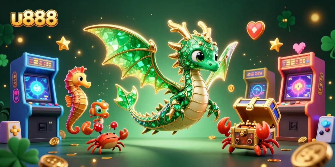 Engage with the u888 casino experience featuring an emerald sea dragon amidst colorful arcade elements.