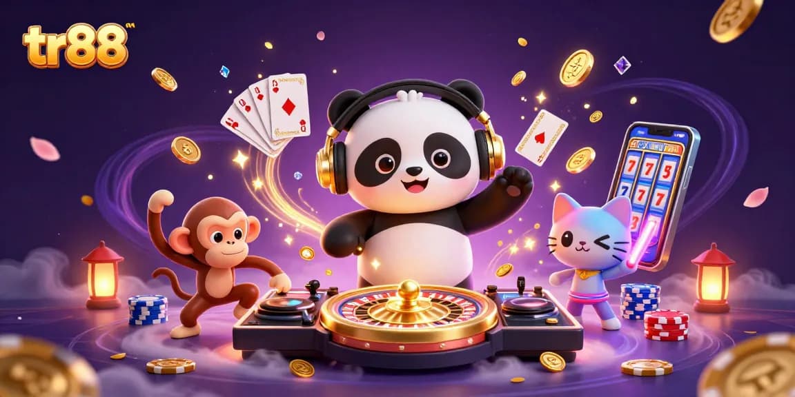 Experience the excitement at TR88 with a DJ panda, colorful casino elements, and vibrant gaming atmosphere.