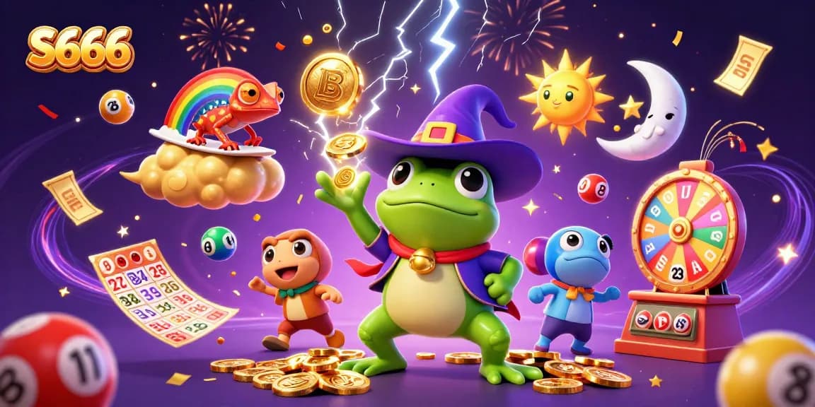 S666's vibrant gambling scene with a wizard frog, chameleon, and lottery elements, celebrating wins.