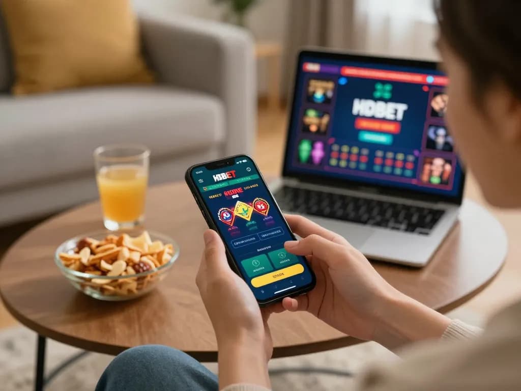 Engaging user placing bets on HDBET app while enjoying cozy home atmosphere.