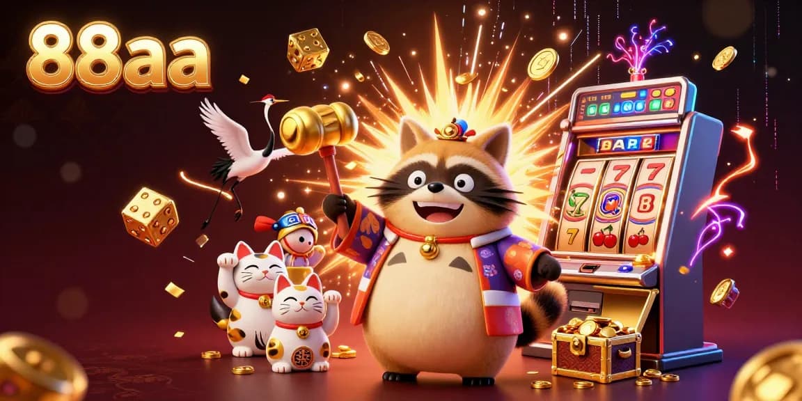 Experience the excitement of 88aa with a cheerful tanuki, lucky cats, and a vibrant casino atmosphere.