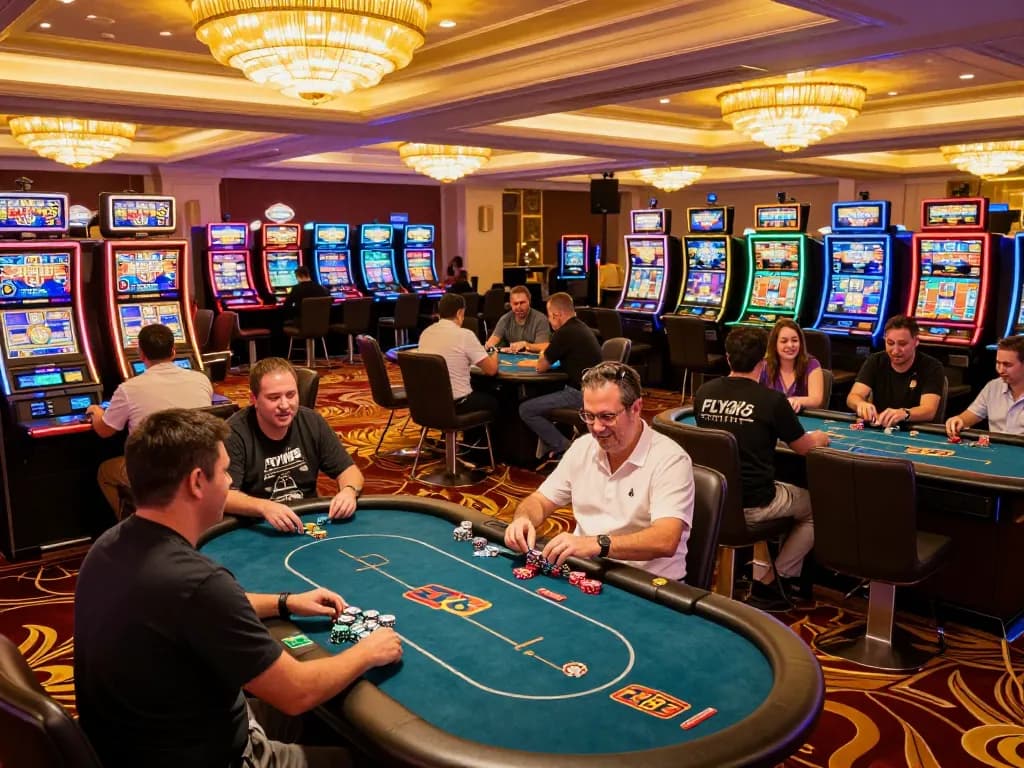 FLY88 players engaging in exciting gameplay at a vibrant casino floor with thrilling slot machines