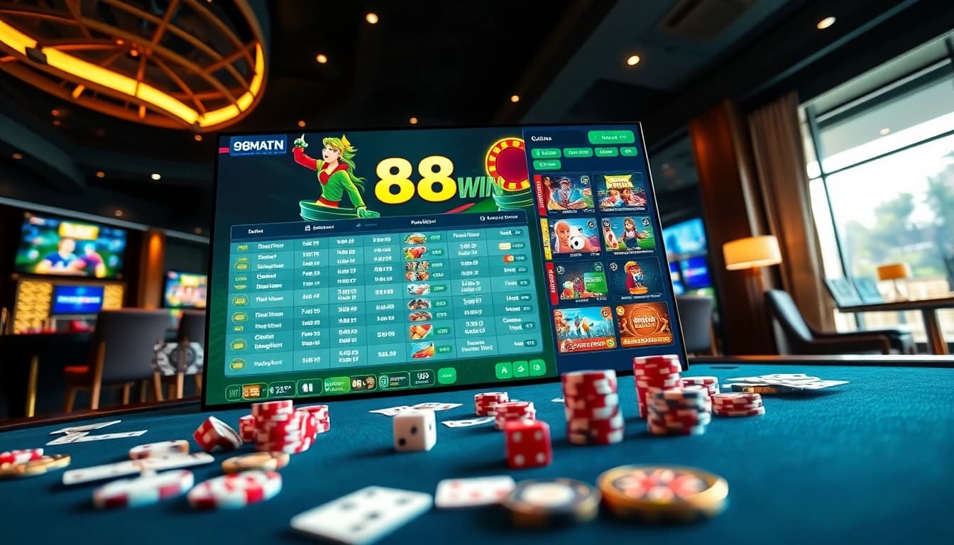 Exciting casino gaming scene featuring 98win com interface, vibrant colors, and immersive atmosphere.