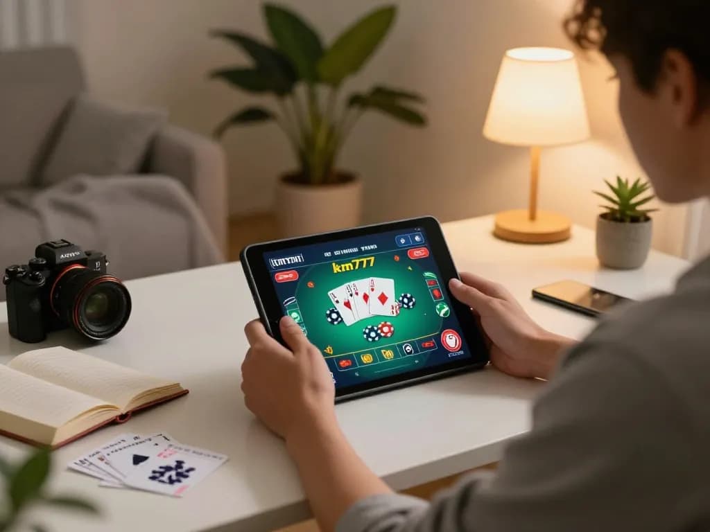 Player immersed in online casino gaming at km777, showcasing poker dynamics with strategic notes.