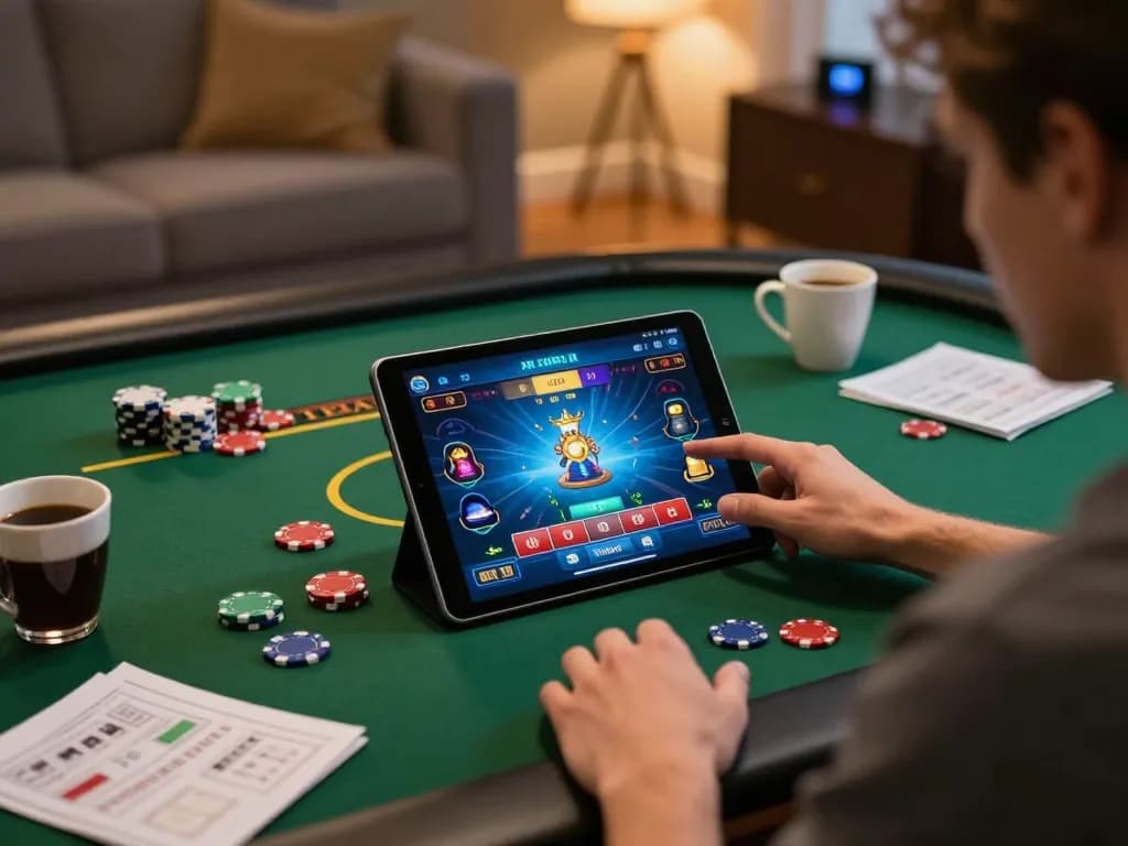 KONG 88 player engaged in online casino gambling using a tablet in a cozy home setting.