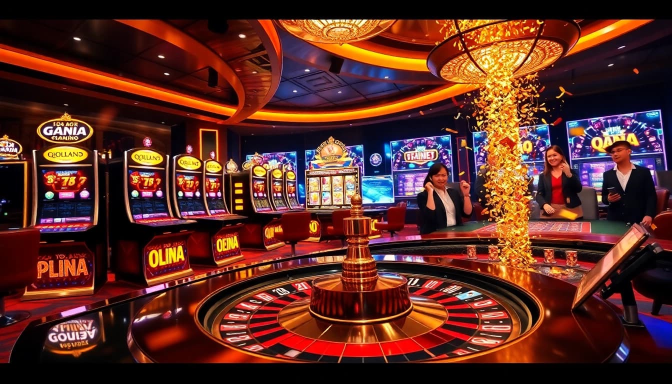 Exciting scene of gamblers engaging with QQALFA's vibrant slot machines and roulette.