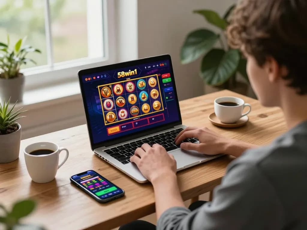 Player engaged with 58win1 online casino on laptop, colorful games and betting app visible, cozy home setting