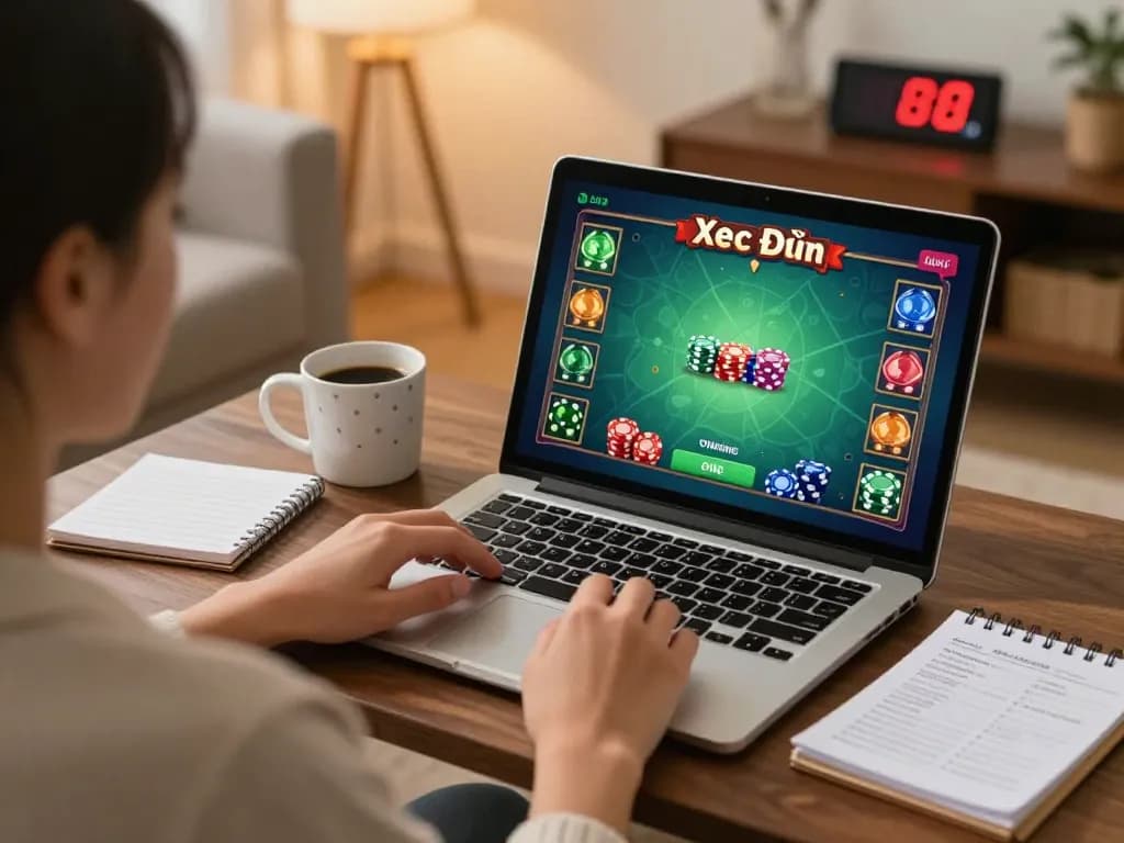 Xóc Đĩa Online gameplay on a laptop in a cozy setting with strategic notes available.