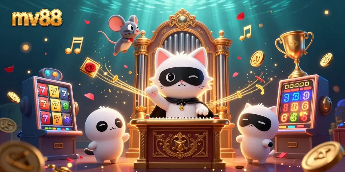 Experience thrilling gameplay at mv88 with a captivating scene of a casino organ, charming characters, and exciting game elements.