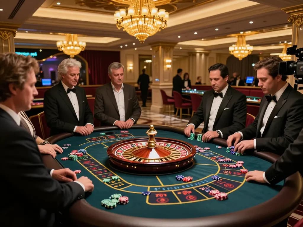 Experience excitement at go88vn with players focused on a vibrant roulette table in a luxurious casino.