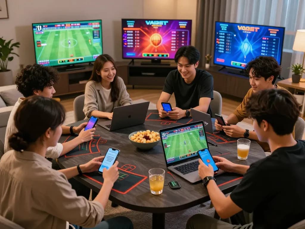 Friends enjoying live online betting on VAOBET, surrounded by screens displaying sports odds.