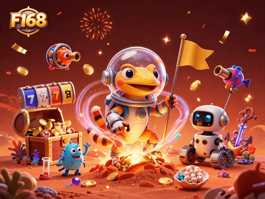 Explore F168's exciting golden casino adventure with a Martian gecko and treasure galore.