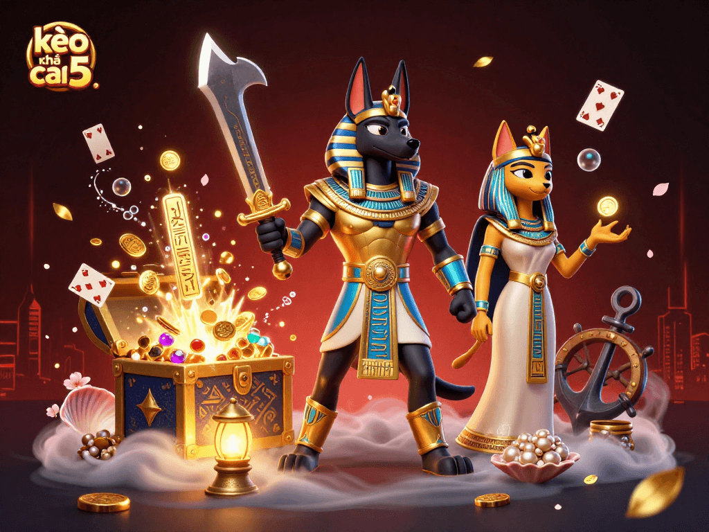 Engage with kèo nhà cái 5 featuring Anubis and Bastet amidst treasures and glowing symbols.
