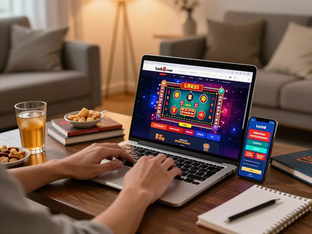 Engaging online casino setup showcasing luck8 trang chủ website with a gaming laptop and smartphone for a dynamic betting experience.