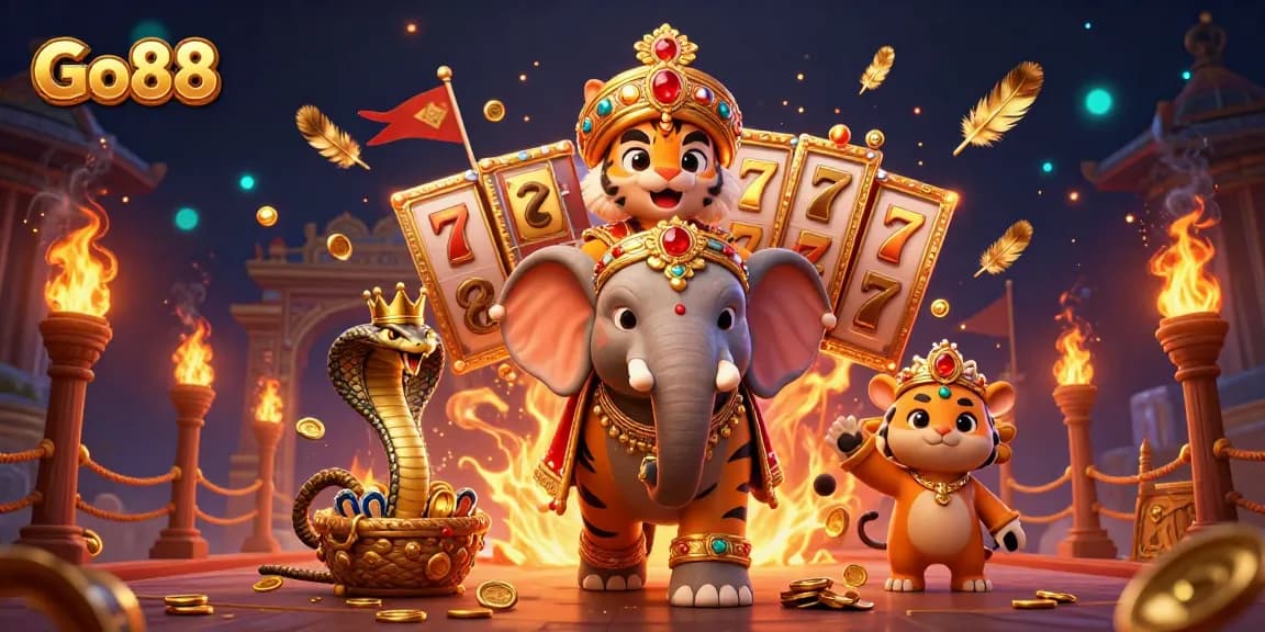 Win big at Go88 with a thrilling 3D casino scene featuring a majestic tiger and elephant.