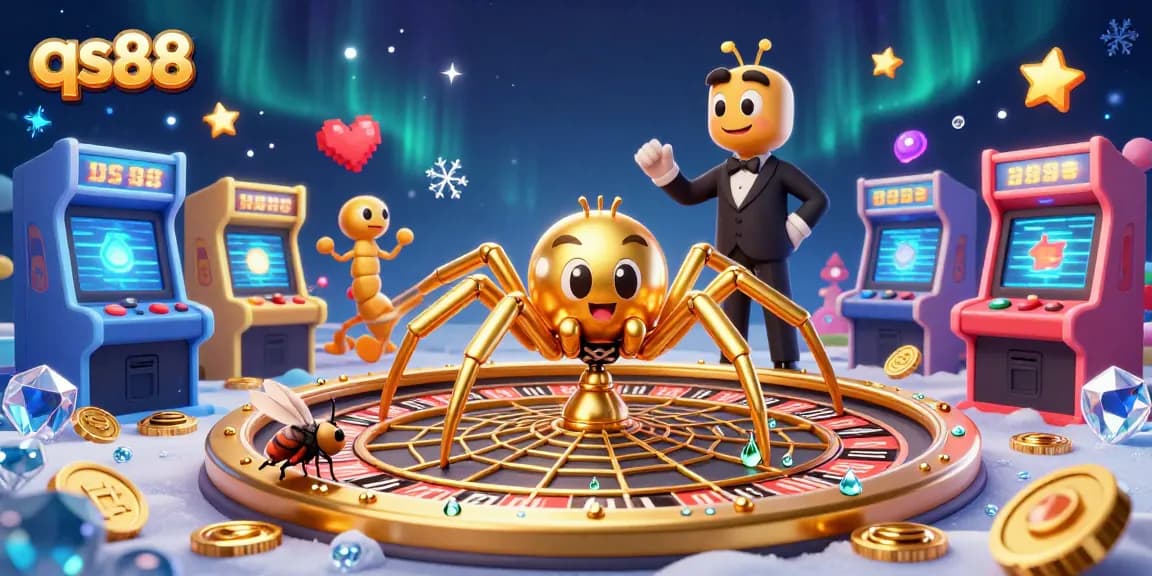 Experience excitement at qs88 with a golden spider spinning a roulette web in a vibrant casino scene.