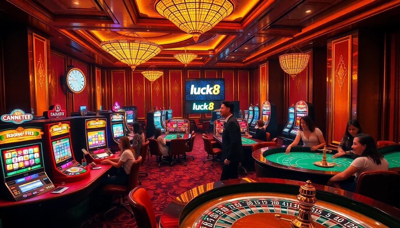 Players enjoying the excitement of luck8 đăng nhập at a luxurious casino with vibrant slot machines and roulette.