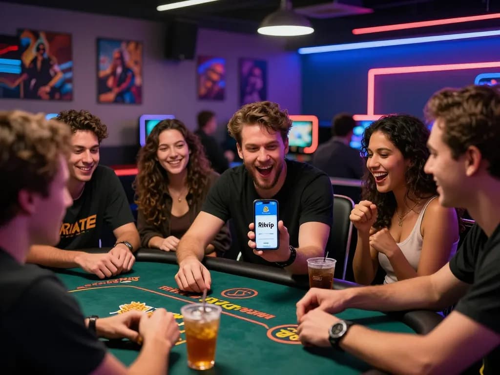 Group enjoying games together featuring the Rikvip app in an energetic gaming lounge.