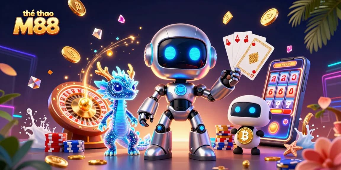 Engage in exciting betting action at thể thao M88 with a vibrant casino scene featuring playful characters and dynamic elements.