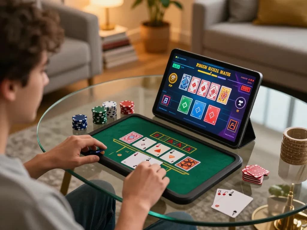 Engaged player enjoying qq88 online blackjack on a tablet in a cozy living room setting.