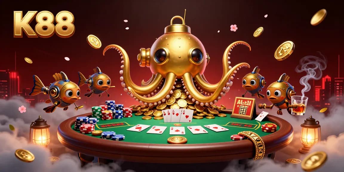 K88 casino scene featuring a golden kraken submarine, poker elements, and vibrant casino atmosphere.
