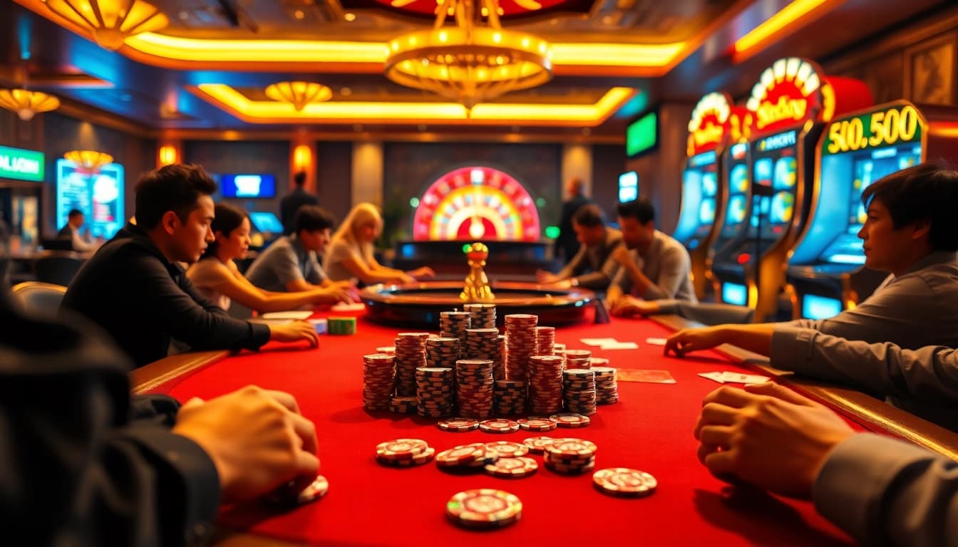 58win1 players enjoying a thrilling poker game in a luxurious casino setting.
