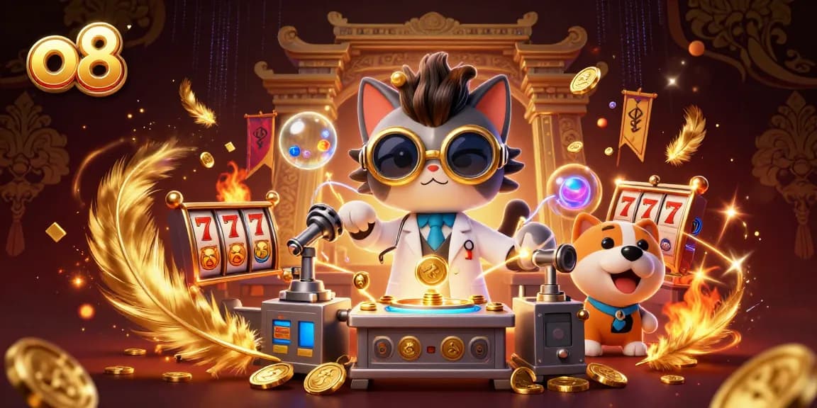Experience winning at o8 with a playful scene featuring a mad scientist cat and dog in a vibrant casino setting.
