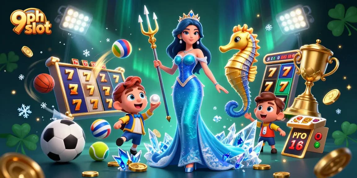 Engage with 9ph slot action, featuring a captivating casino scene with vibrant slot reels and dynamic elements.
