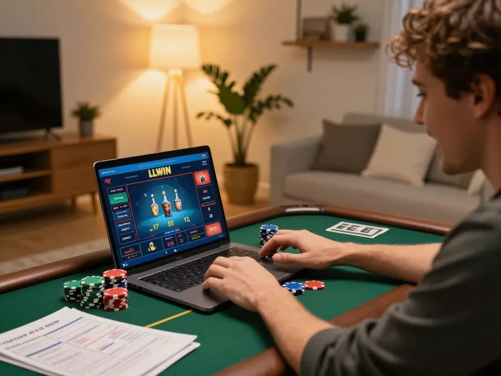 Person enjoying LLWIN online casino gaming at home with poker chips and notes