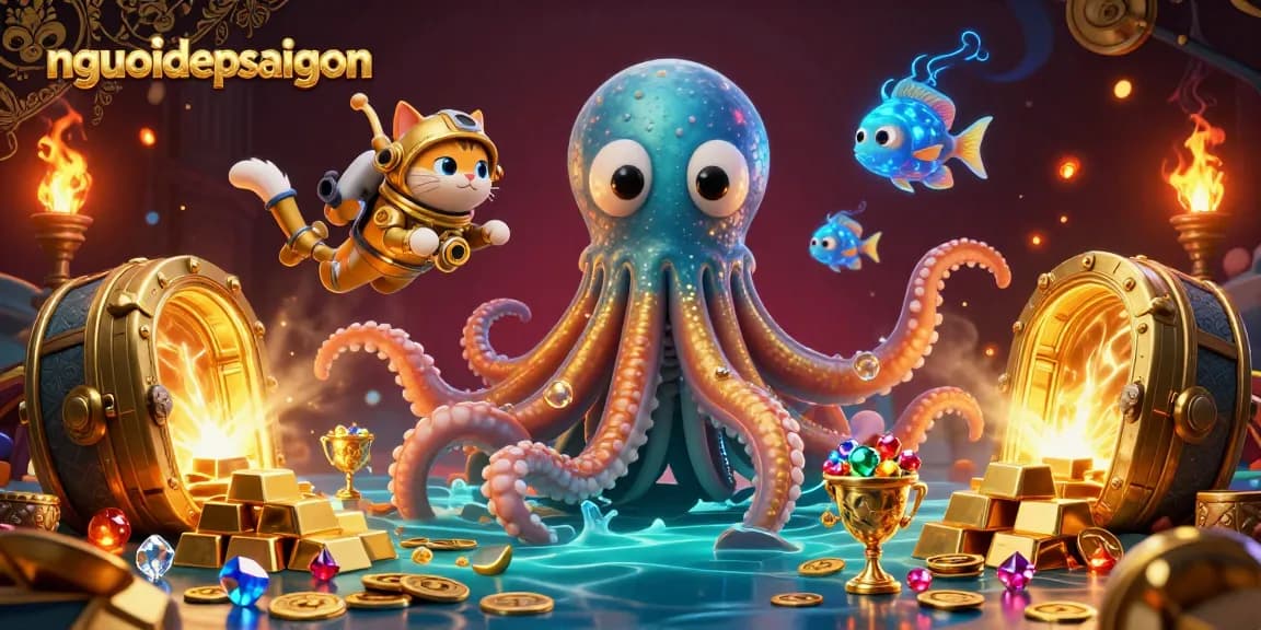 Capture the excitement of gameplay at nguoidepsaigon with a vibrant 3D kraken illustration filled with treasures.