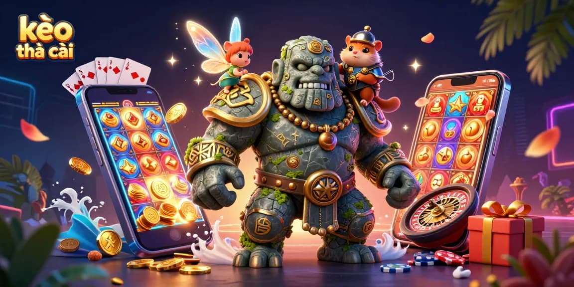 Kèo nhà cái showcases a thrilling scene of gaming excitement with vibrant characters and casino elements.
