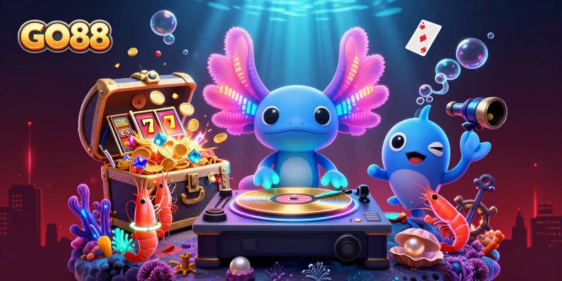 Engage in thrilling games at GO88, featuring vibrant underwater casino elements and neon characters.