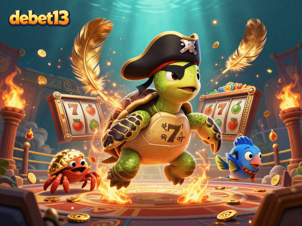 Engage in slot games with debet13 featuring a pirate turtle, crab, and parrotfish amidst vibrant gaming elements.