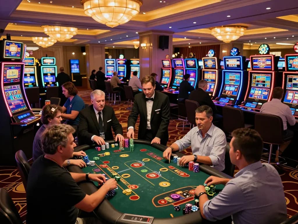 Exciting casino action at okfun com with players enjoying lively games and vibrant slot machines.