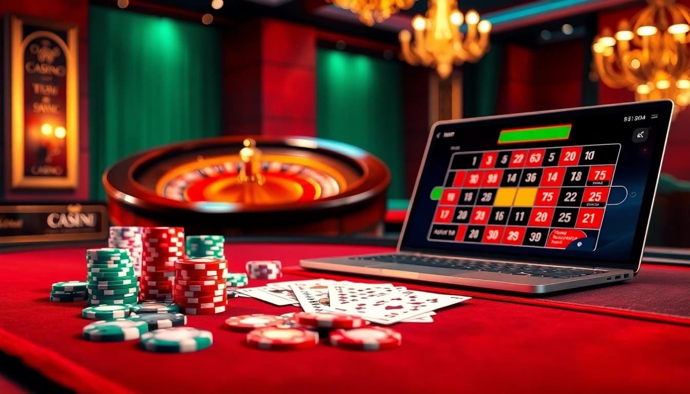 Experience the thrill of Game bài Luckywin with vibrant casino visuals showcasing poker chips and roulette.