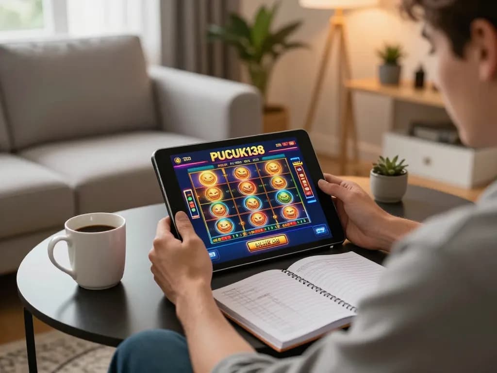 Engaging in slot gaming on PUCUK138 app at home, showcasing casual online gambling atmosphere.