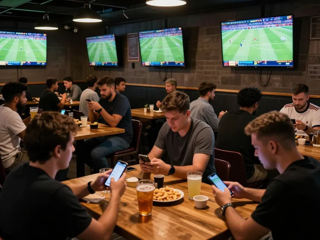 Fans engaging with the Nowgoal platform for sports betting insights at a lively sports bar.