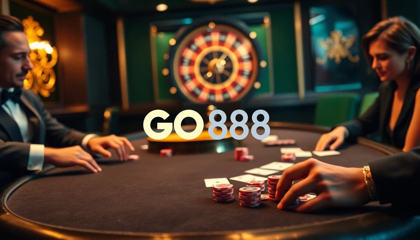 Thrilling moments at a GO88 casino game table showcasing poker chips and a roulette wheel.