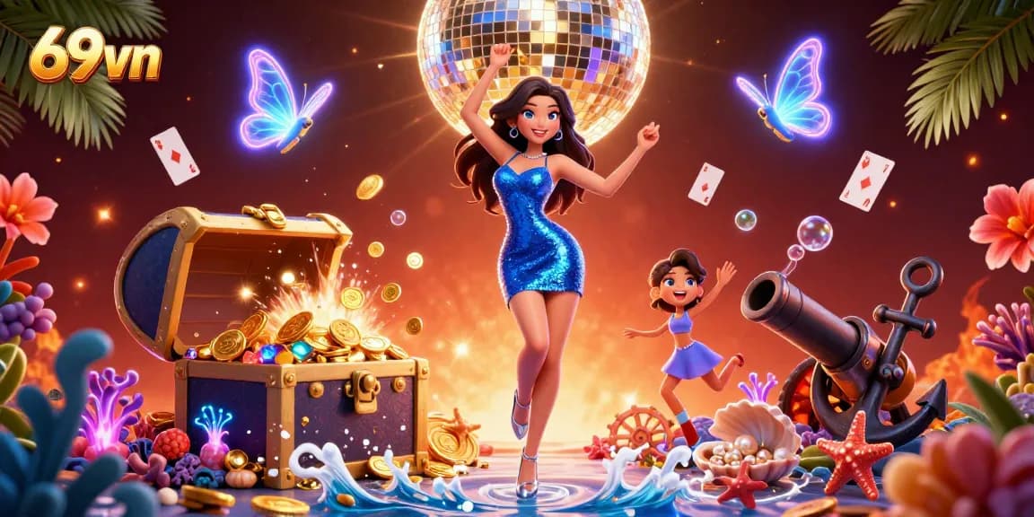89vn players enjoy a thrilling dance amid shimmering casino elements in this vibrant digital art.