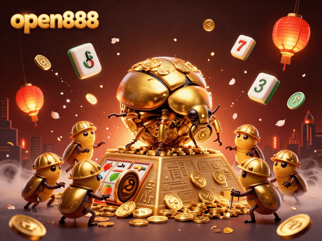 Play exciting slot games at open888, featuring colorful 3D illustrations with lucky symbols.