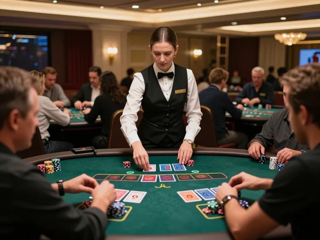 Live dealer blackjack action at https://ee888.sa.com/, showcasing professional dealer and engaged players in a vibrant casino setting