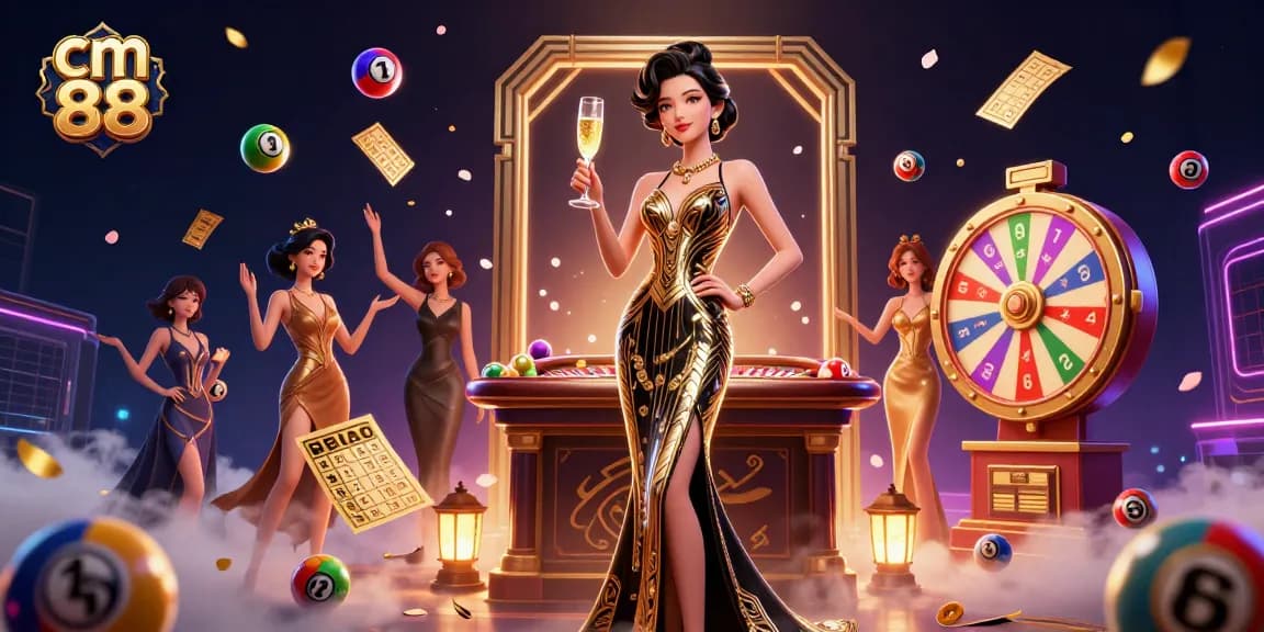 Experience the elegance of cm 88 with dynamic casino elements and glamourous Asian lady.