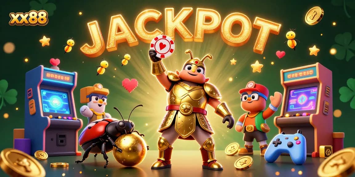 Experience exciting gameplay with xx88 as a golden-armored beetle and friends celebrate a jackpot.
