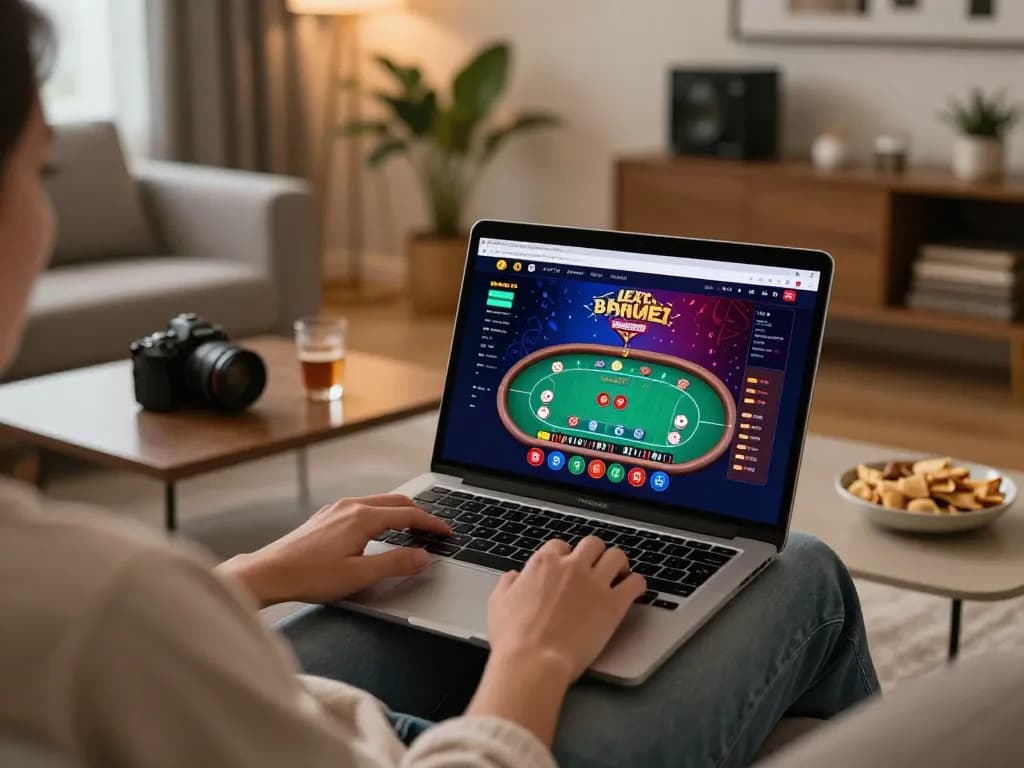 Playing rikvip online poker on a stylish laptop in a cozy home setting.