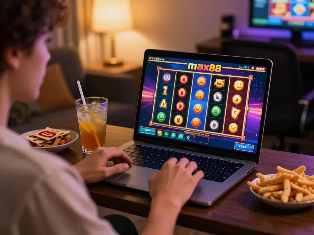Engage in dynamic gameplay at max88 with a vibrant online slot game on a modern laptop.