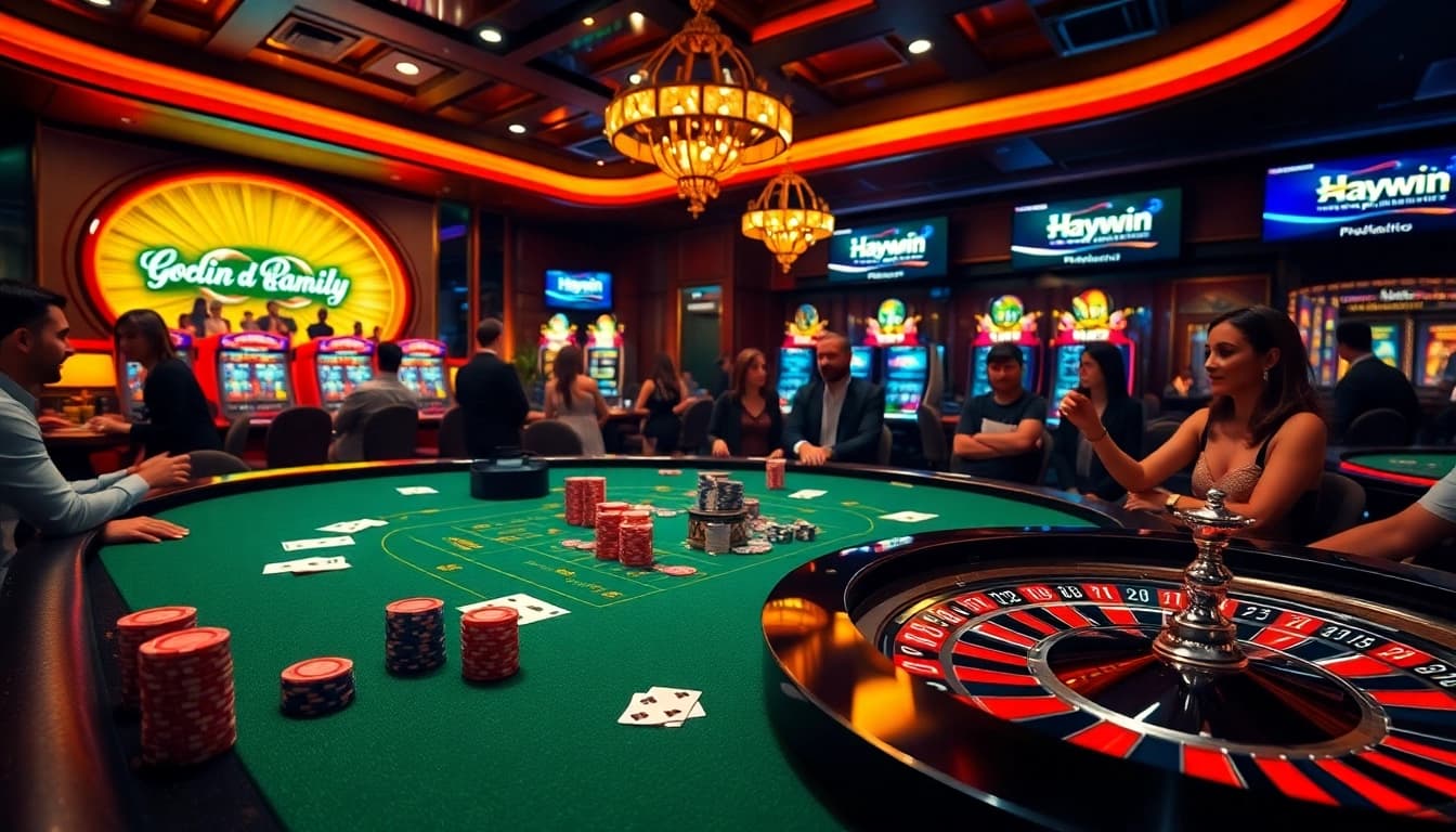 Experience Haywin's thrilling gambling atmosphere with vibrant casino tables and exciting gameplay.